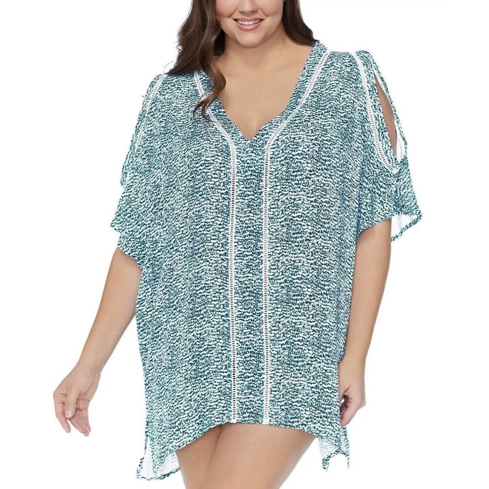 Raisins Curve Plus Sz Tranquillo Cold-Shoulder Cover up Tunic 1X Aqua Blue Print